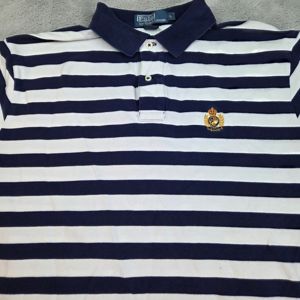 Polo Ralph Lauren Rugby Shirt Mens Sz L Crest Logo Striped Pique Navy Blue White